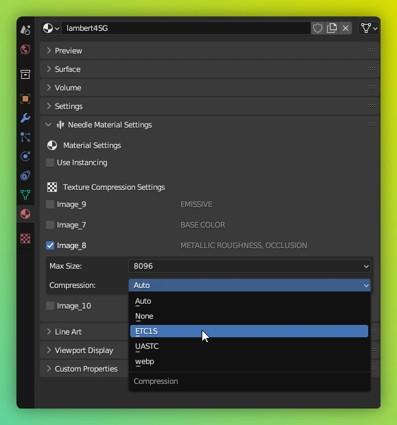 Options de compression de texture dans Blender