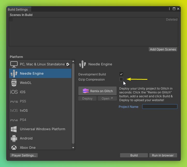 Unity build window showing Needle Engine platform