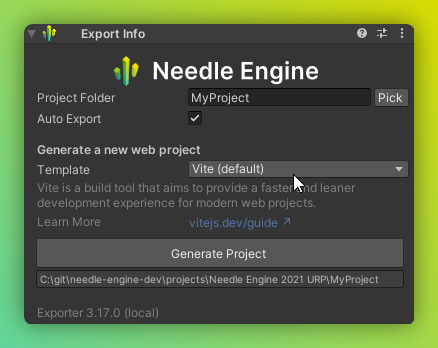 Unity ExportInfo local templates