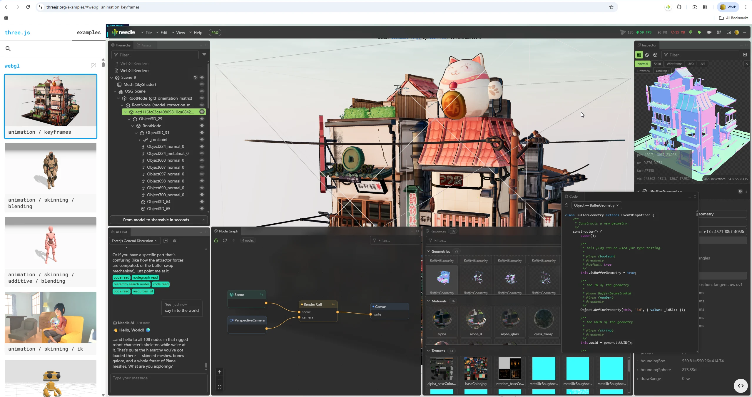Needle Inspector on the three.js examples page — scene hierarchy, AI chat, node graph, resources and code panel around a running scene
