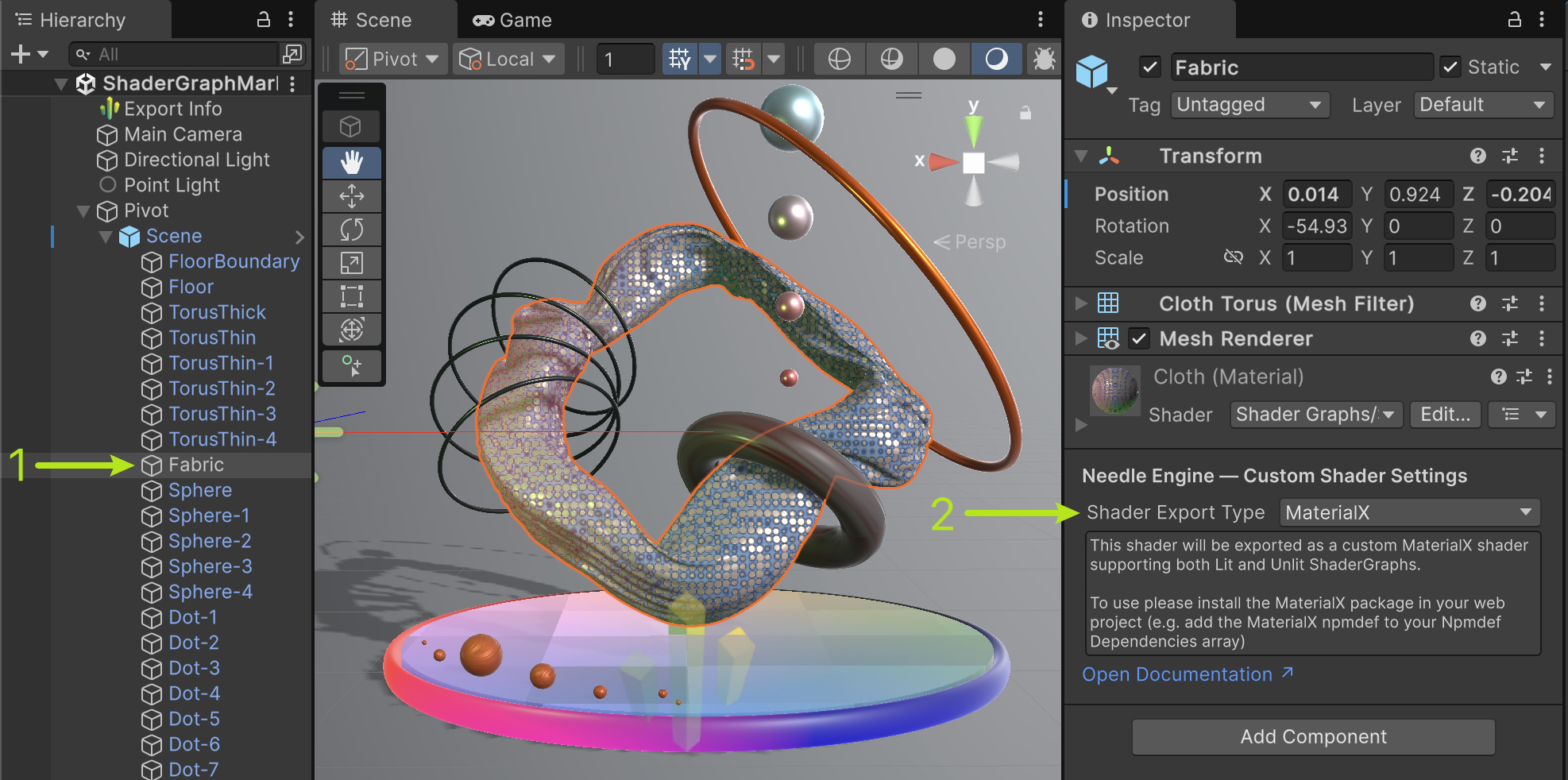 Enabling the MaterialX export type in the Shader Graph material properties.