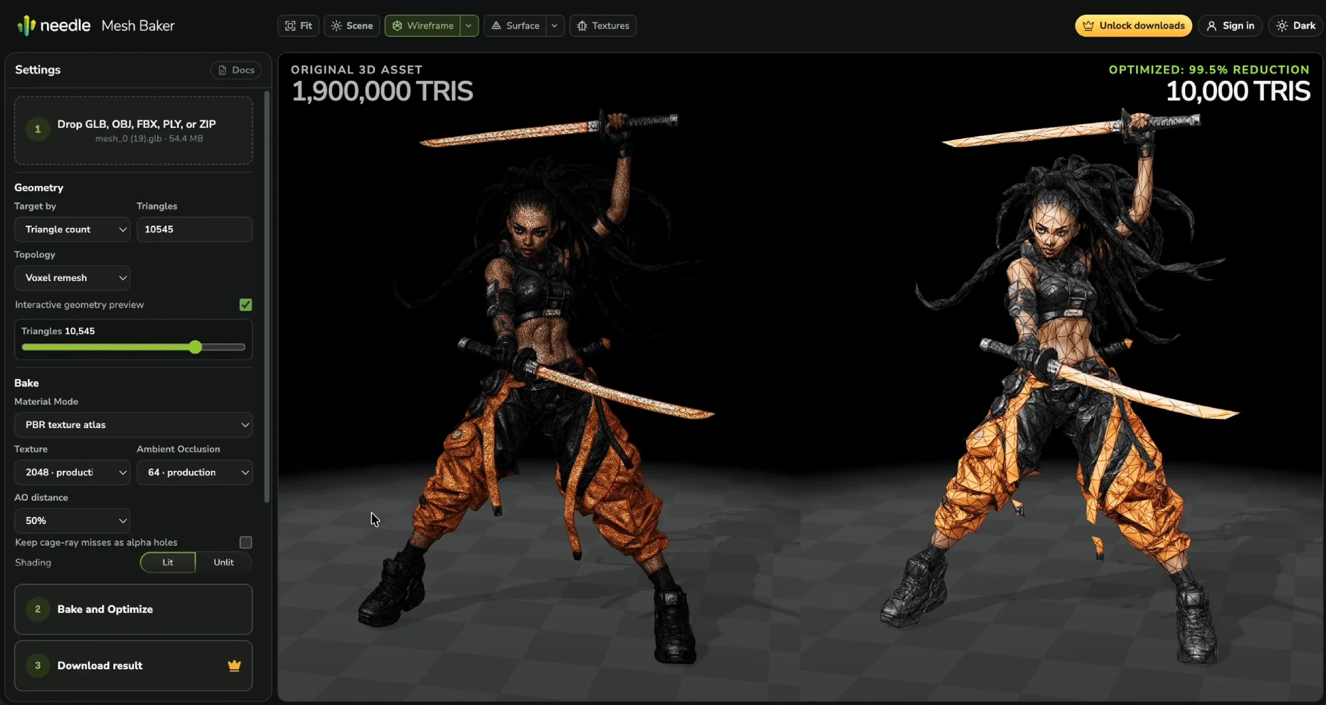 A 1,900,000 triangle character with two swords beside its 10,000 triangle baked result in the Needle Mesh Baker, wireframe shown on the result